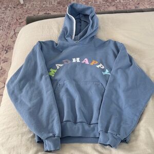 Madhappy Light Blue Hoodie with pastel letters and white stitching